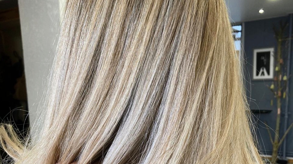 Cheveux blonds éclaircis en balayage, vus de dos dans le salon.